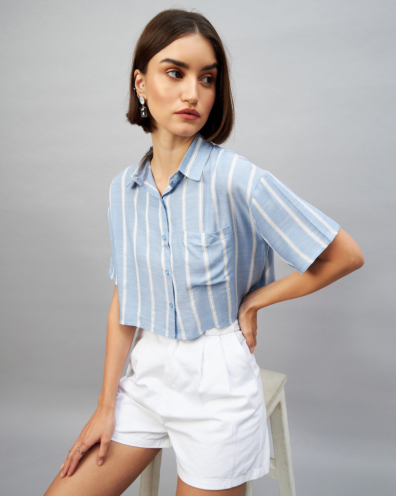 Chimpaaanzee Women Blue & White Cropped Shirt