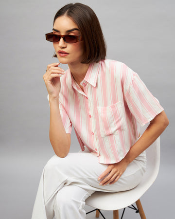 Chimpaaanzee Women Pink & White Cropped Shirt