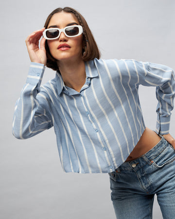 Chimpaaanzee Women Blue & White Oversized Crop Shirt