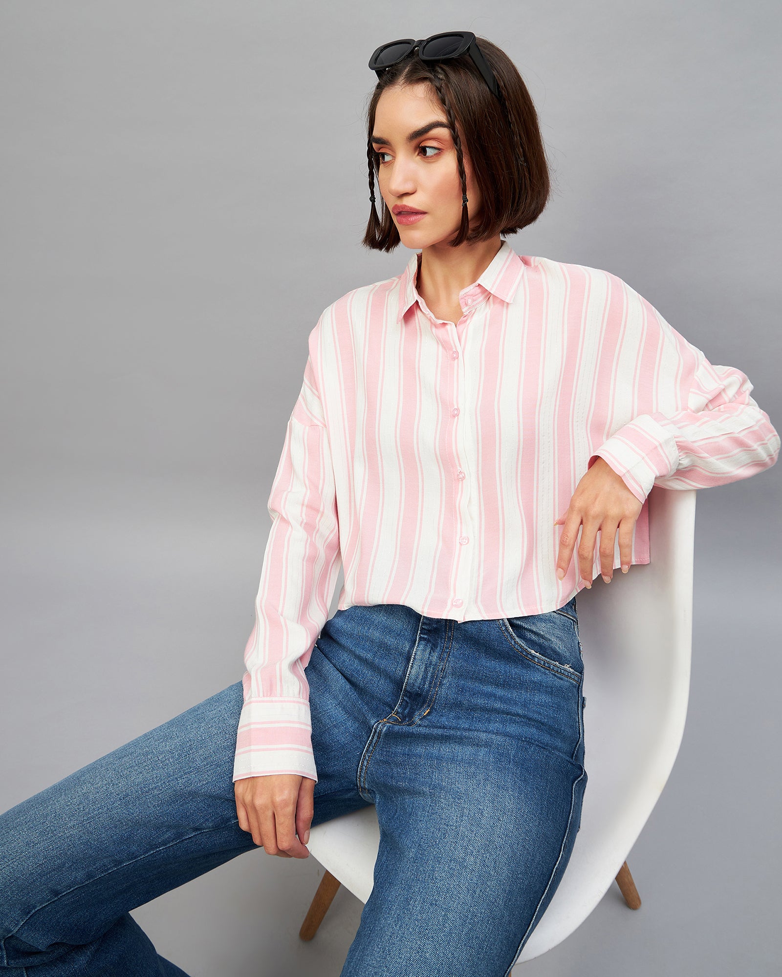 Chimpaaanzee Women Pink & White Oversized Crop Shirt