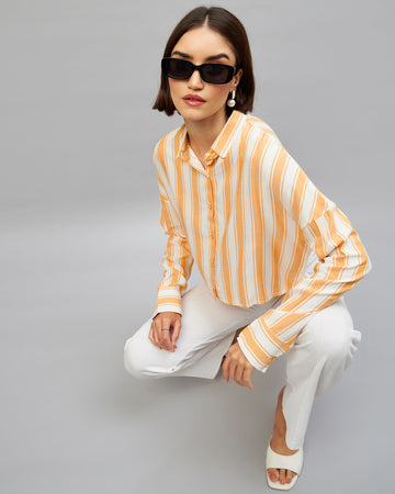 Chimpaaanzee Women Yellow & White Oversized Crop Shirt