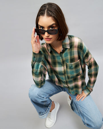 Chimpaaanzee Women Green &  Pink Oversized Shirt