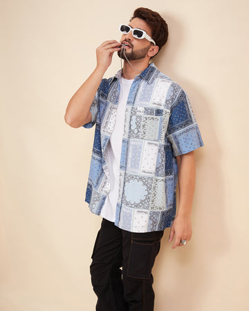 Chimpaaanzee Men Blue & White Oversized Fit Shirt