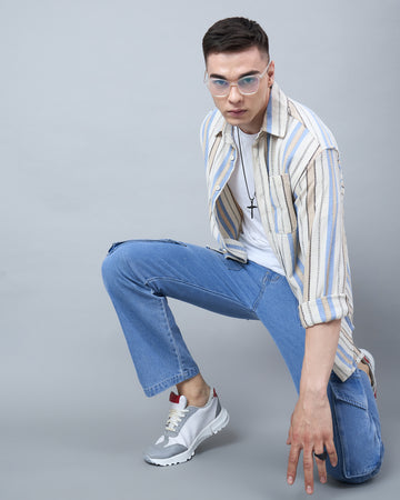 Chimpaaanzee Men Beige & Blue Oversized Shirt