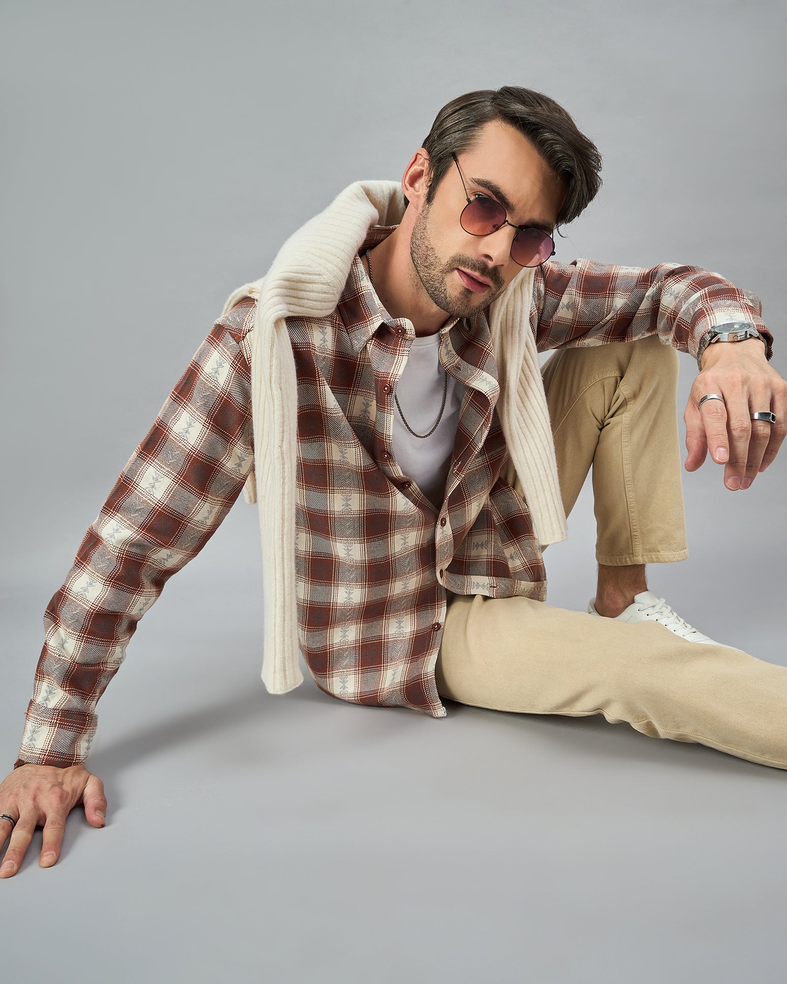 Chimpaaanzee Men Brown & Beige Oversized Fit Shirt