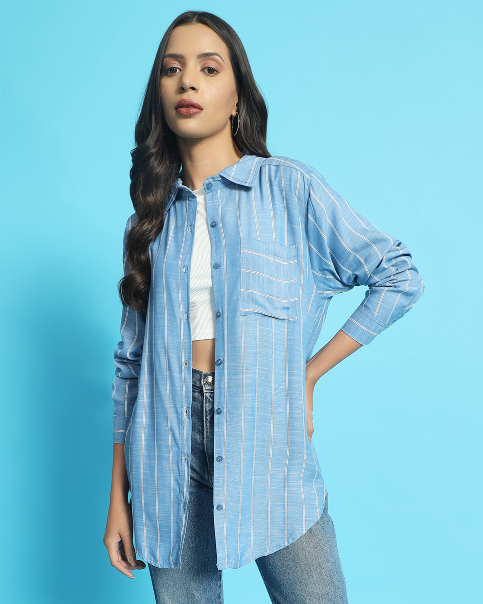 Chimpaaanzee Women Blue & White Oversized Shirt