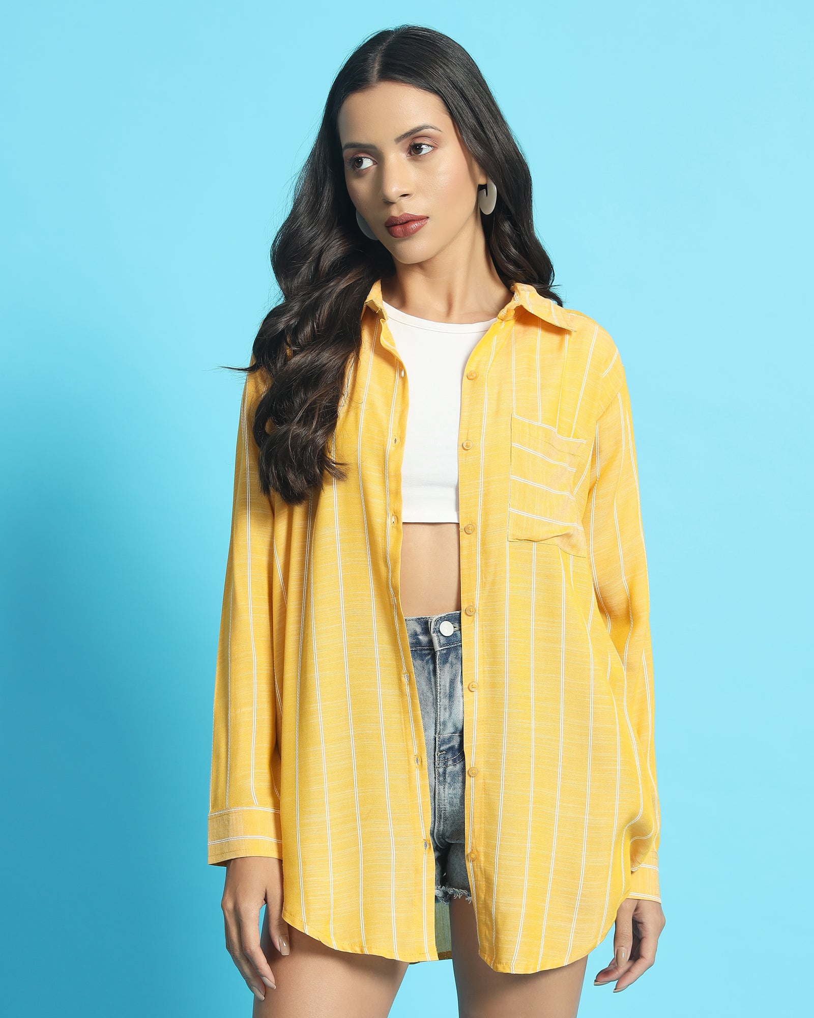 Chimpaaanzee Women Yellow & White Oversized Shirt