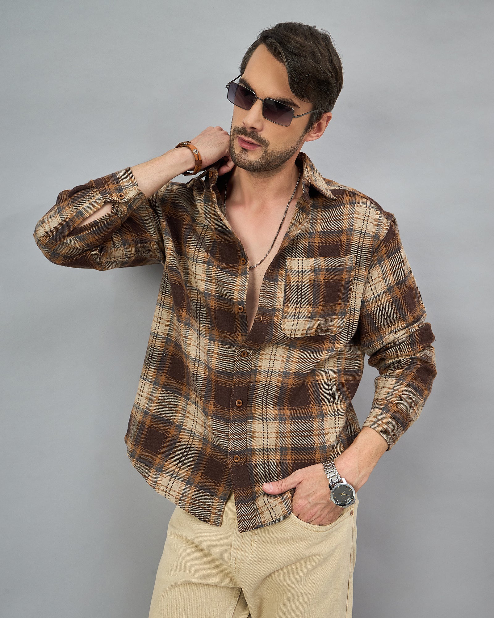 Chimpaaanzee Men Brown Oversized Fit Shirt