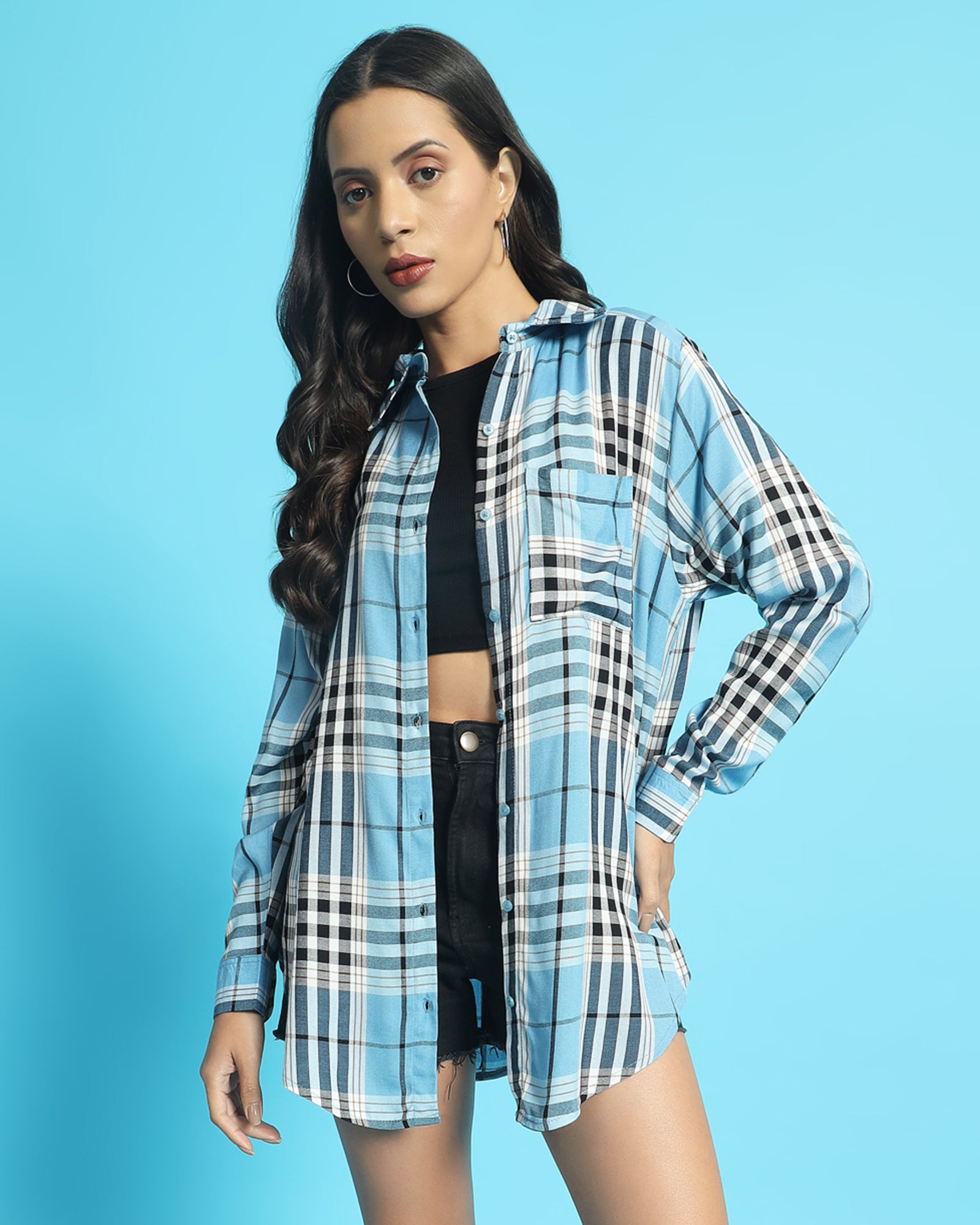 Chimpaaanzee Women Blue & Black Oversized Shirt