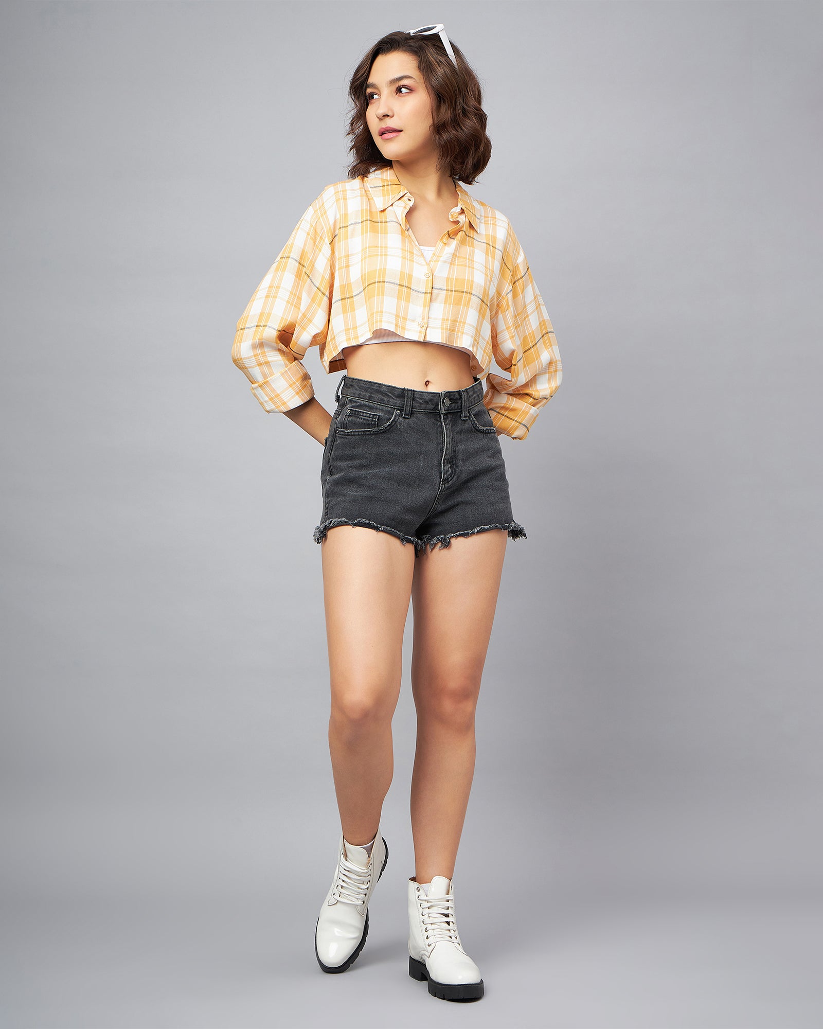 Chimpaaanzee Women Yellow & White Oversized Crop Shirt