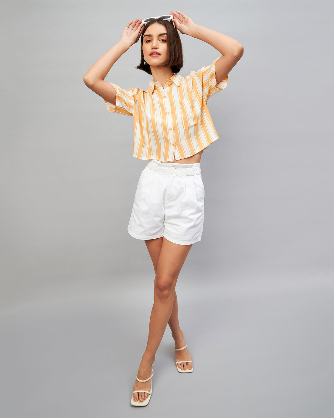 Chimpaaanzee Women Yellow & White Cropped Shirt