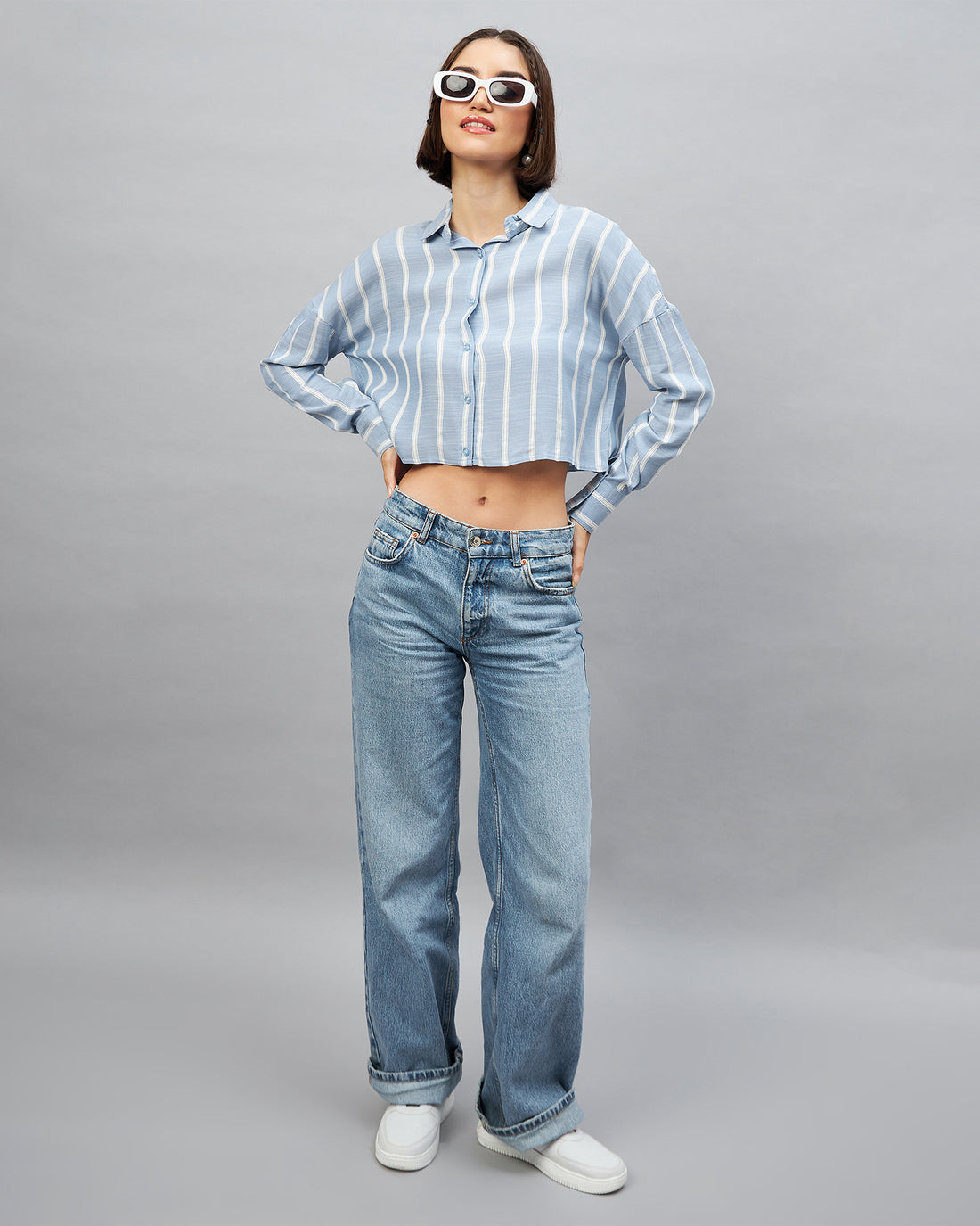 Chimpaaanzee Women Blue & White Oversized Crop Shirt