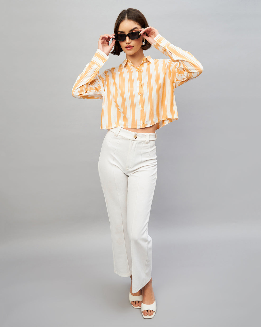 Chimpaaanzee Women Yellow & White Oversized Crop Shirt