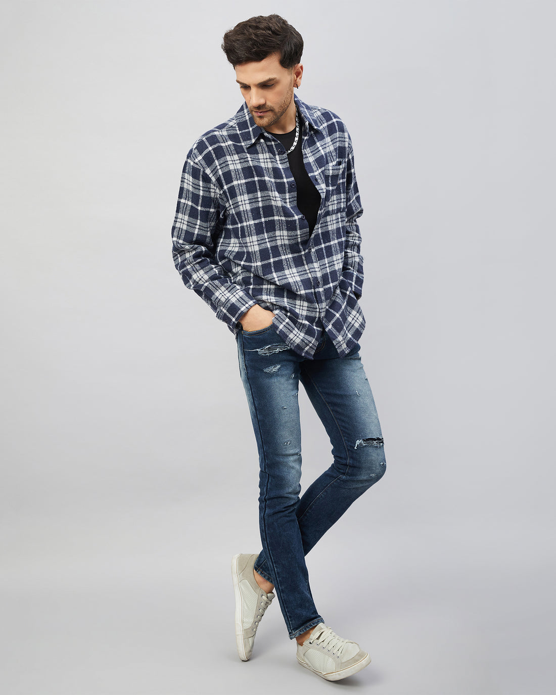 Chimpaaanzee Men Navy & Grey Oversized Fit Shirt