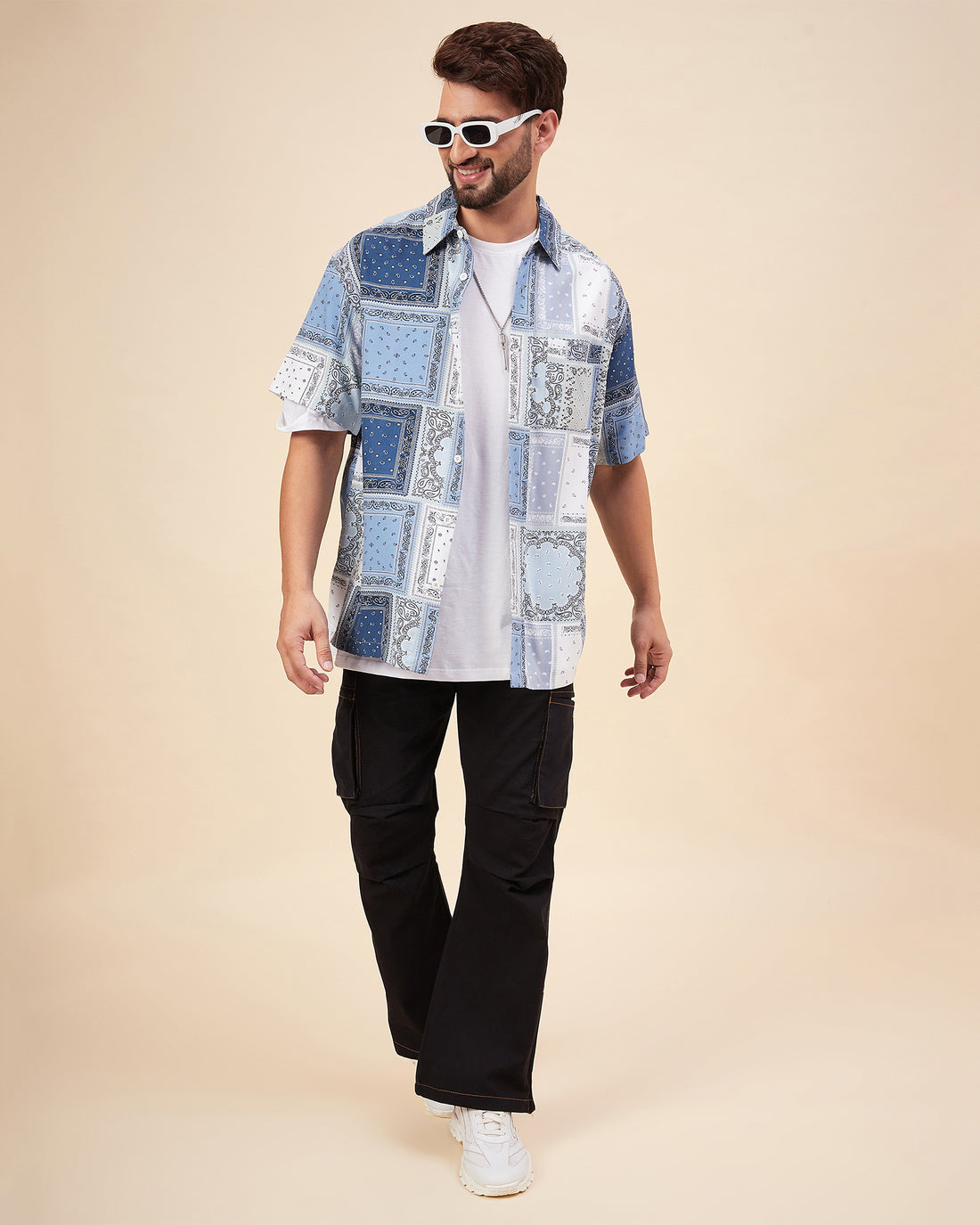 Chimpaaanzee Men Blue & White Oversized Fit Shirt