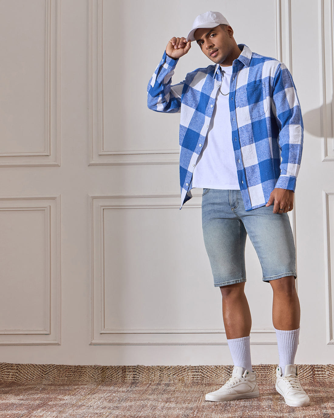 Chimpaaanzee Men Blue & White Oversized Fit Shirt