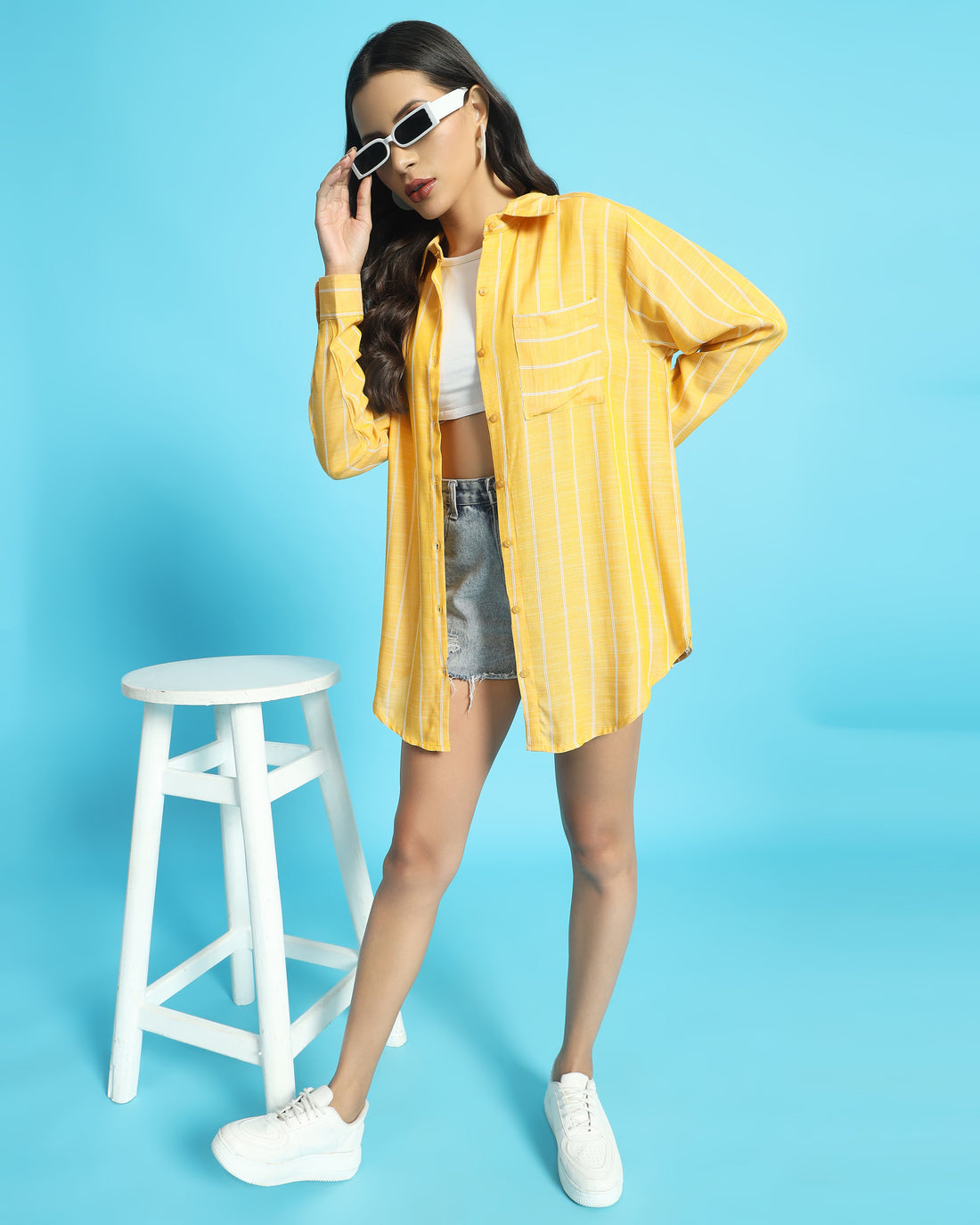 Chimpaaanzee Women Yellow & White Oversized Shirt