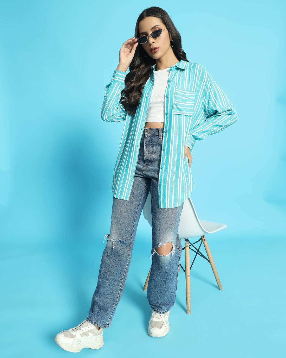 Chimpaaanzee Women Skyblue & White Oversized Shirt