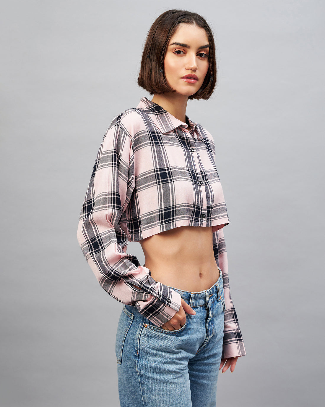 Chimpaaanzee Women Pink & Black Oversized Crop Shirt