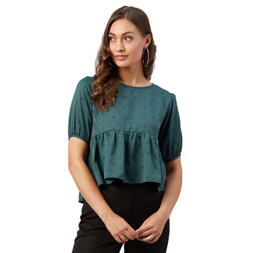 Chimpaaanzee Women Green Doted Ruffled Style Top