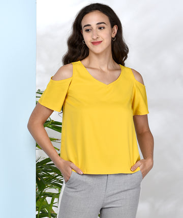 Chimpaaanzee Women Mustard Solid Cold Shoulder Top