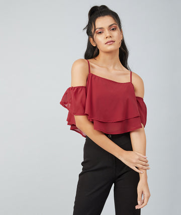 Chimpaaanzee women Maroon Georgette Noodle Strap Cold Shoulder Crop top