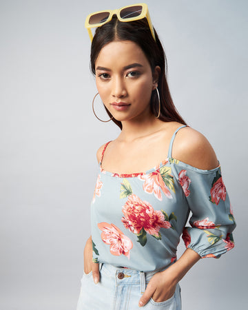 Chimpaaanzee Women Crepe Skyblue Flower Printed Cold Shoulder Top