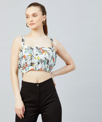 Chimpaaanzee Women Skyblue Flower Printed Crepe Strapped Crop Top