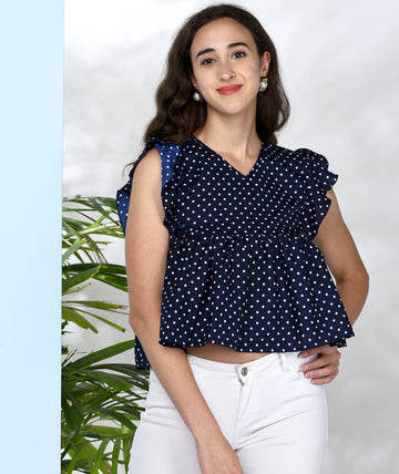 Chimpaaanzee Women Navy Polka Doted Crepe Ruffled Top