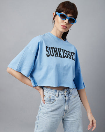 Chimpaaanzee Women Blue Typographic Oversized Crop T-shirt