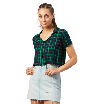 Chimpaaanzee Women Navy and Green Checkered Viscose Crop Shirt