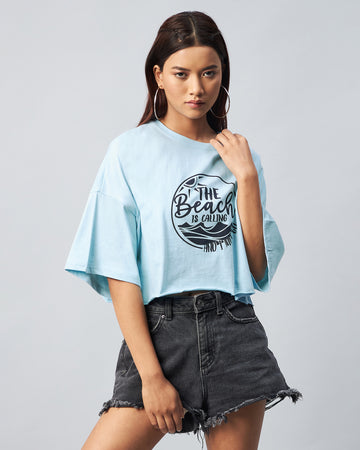 Chimpaaanzee Women Light Blue Solid Oversized Crop T-shirt