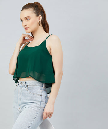 Chimpaaanzee Women Dark Green Georgette Noodle Strap Crop Top