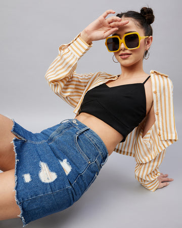 Chimpaaanzee Women Viscose Mustard & White Striped Fully crop Shirt