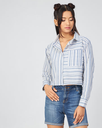 Chimpaaanzee Women Viscose Blue & White Striped Full Sleeve  drop Shoulder Crop Shirt