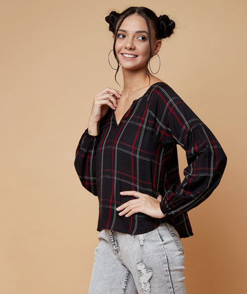 Chimpaaanzee Women Checkered Rangalan Sleeve Top Black & Red