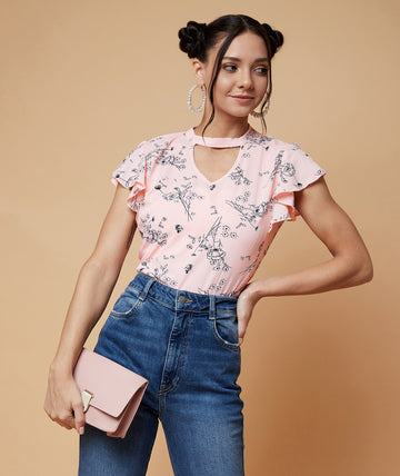 Chimpaaanzee Women Choker Neck Floral Print Top Peach