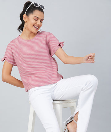 Chimpaaanzee Women Pink Crepe Stripe Knotted Sleeve Top