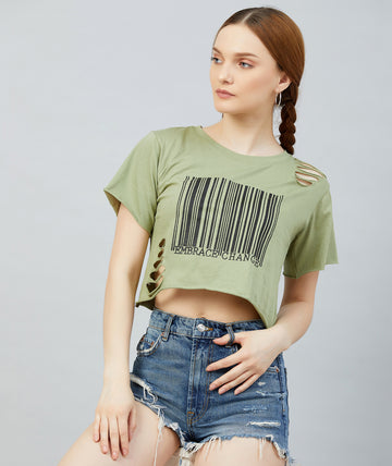 Chimpaaanzee Women Olive Green Ribbed Style Crop T-shirt