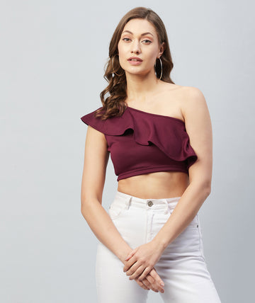 Chimpaaanzee Women Maroon Solid One Shoulder Crop Top