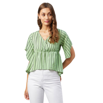 Chimpaaanzee Women Green Striped Crepe Asymmetrical Top