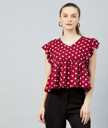 Chimpaaanzee Women Maroon Polka Doted Crepe Ruffled Top