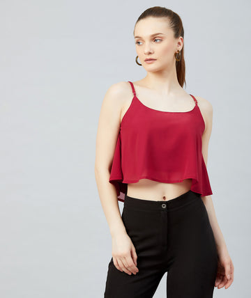 Chimpaaanzee Women Maroon Georgette Noodle Strap Crop Top