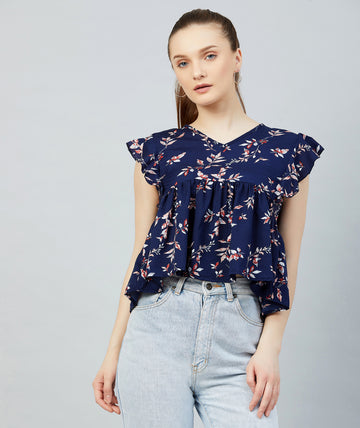 Chimpaaanzee Women Navy Flower Printed Crepe Ruffled Top