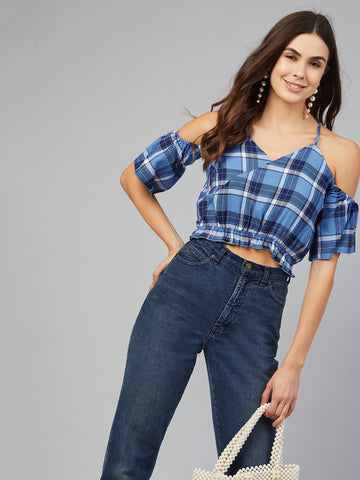 Chimpaaanzee Women Blue Checks Cold Shoulde Crop Top