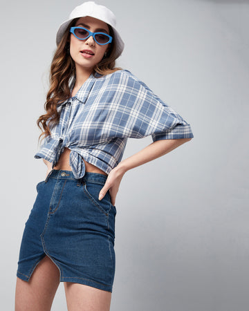 Chimpaaanzee Women Viscose Blue Checks Half Sleeve Crop Shirt