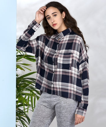 Chimpaaanzee Women Pink and Blue Viscose Oversized Checkered Shirt