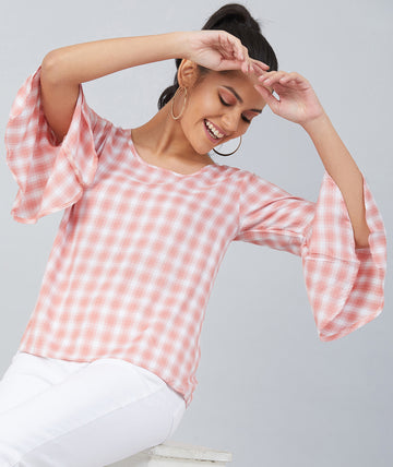 Chimpaaanzee Women Pink and White Checks Bell Knot Sleeve  top