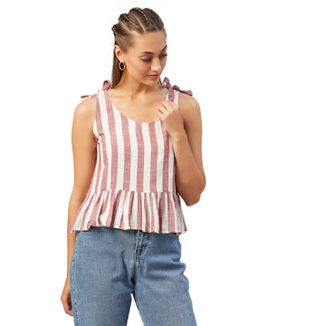 Chimpaaanzee Women Red Striped Viscose Ruffled Top