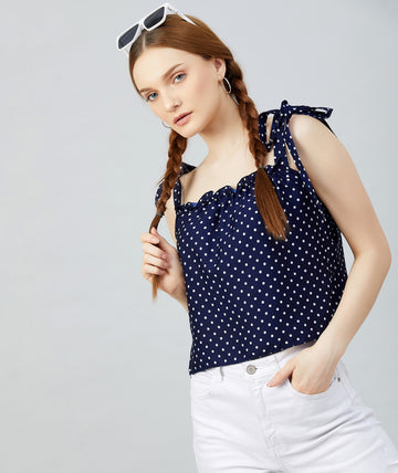 Chimpaaanzee Women Navy Polka Doted Crepe Ruffled Top